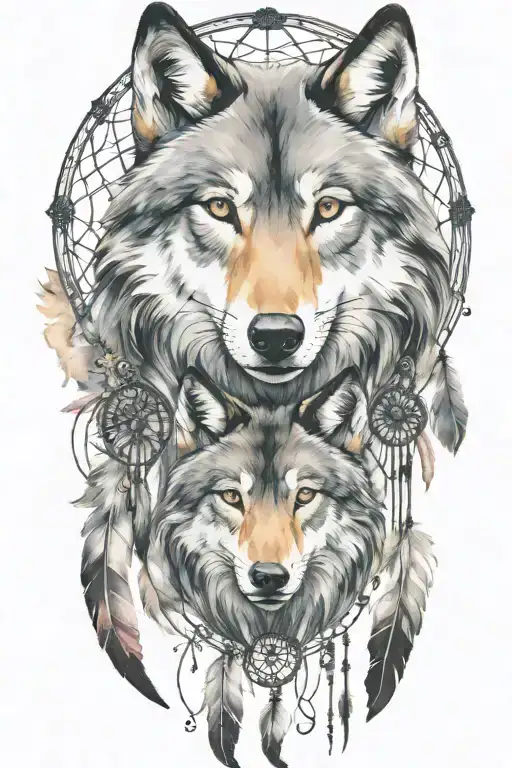 A unique tattoo featuring wolf family intertwined with dream catchers in a black-grey style tattoo design idea
