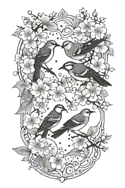 cherry blossom flowers and birds, lace and gems scattered tattoo design idea