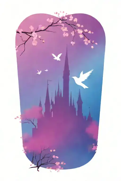 disney castle silhouette with flying sparrows and cherry blossom tree tattoo design idea