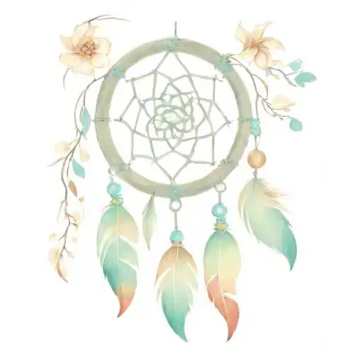 A tattoo design of a Disney-inspired dream catcher, with each feather representing a member of your family. Include elements of nature like cherry blossoms and flying sparrows to bring the design to life. tattoo design idea