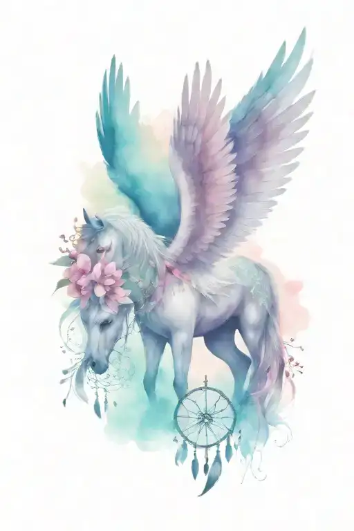 pegasus with gem shapes with dream catcher and cherry blossom tattoo design idea