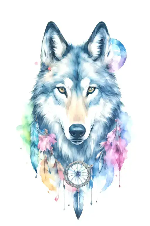 wolf and horses with gem shapes with dream catcher and cherry blossom  tattoo design idea