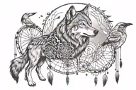 A wolf howling at the moon surrounded by native american dream catchers and birds tattoo design idea
