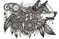 A wolf howling at the moon surrounded by native american dream catchers and birds tattoo design idea