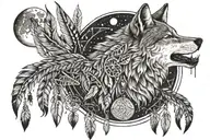 A wolf howling at the moon surrounded by native american dream catchers and birds tattoo design idea