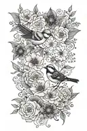 flowers and birds, lace and gems scattered throughout tattoo design idea