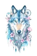 wolf and horses with gem shapes with dream catcher and cherry blossom  tattoo design idea