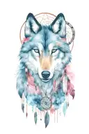 wolf and horses with gem shapes with dream catcher and cherry blossom  tattoo design idea