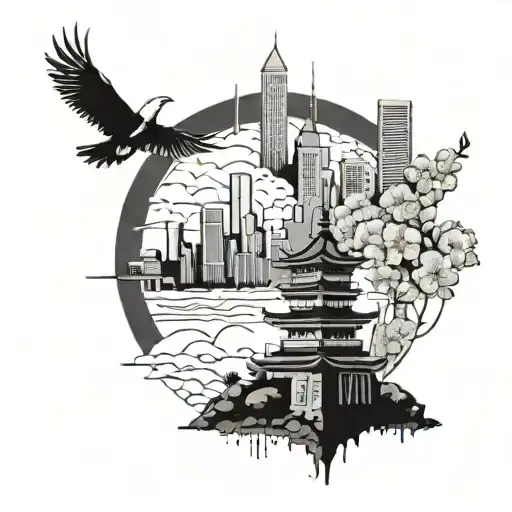 A Tokyo inspired skyline with a majestic bird flying over it, incorporating elements of the Greek alphabet in the design tattoo design idea