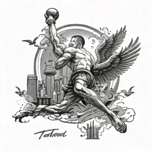 A dynamic tattoo showcasing a blend of MMA fighting poses and Tokyo cityscape, with a bird soaring above it all tattoo design idea