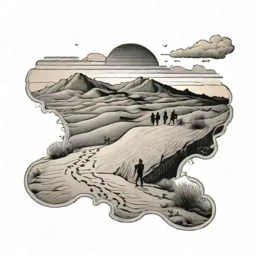 A black-grey tattoo of a sand dune landscape at sunset, with silhouettes of the client's family members walking along the ridge tattoo design idea