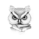 Owl over books tattoo design idea