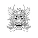 japanese hannya with chrysanthemum flowers in a blackwork style tattoo design idea