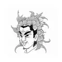 japanese hannya with chrysanthemum flowers in a blackwork style tattoo design idea