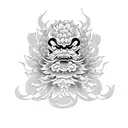 japanese hannya with chrysanthemum flowers in a blackwork style tattoo design idea