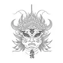 japanese hannya with chrysanthemum flowers in a blackwork style tattoo design idea