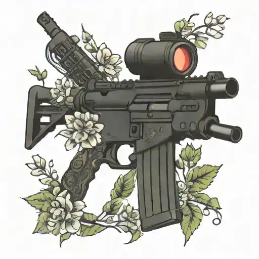 floral AR15 rifle intertwined with flowers tattoo design idea