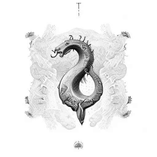 A detailed illustration of a horseshoe with intricate patterns and a farm landscape inside tattoo design idea