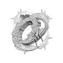 A detailed illustration of a horseshoe with intricate patterns and a farm landscape inside tattoo design idea