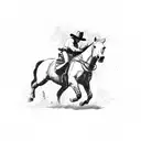A dynamic composition of a rodeo scene, featuring a horse, rider, and bulls in action tattoo design idea