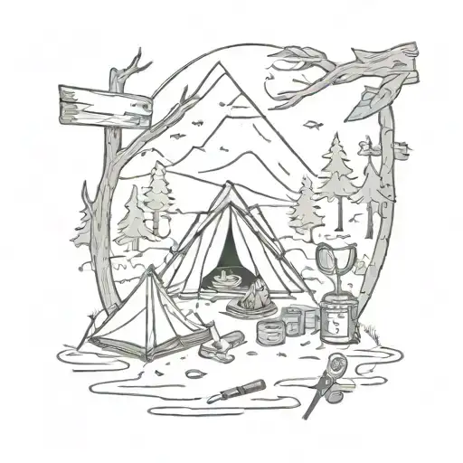 A sketch-style tattoo of a camping scene with a tent, campfire, and various outdoor tools like guns and knives scattered around tattoo design idea