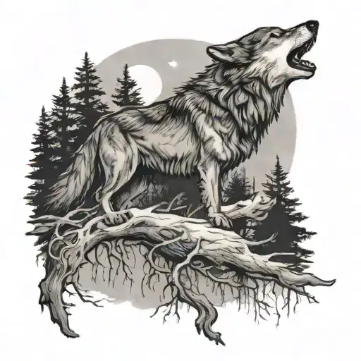 A realistic black and grey tattoo of a wolf howling at the moon in a forest setting, with a crow perched nearby tattoo design idea