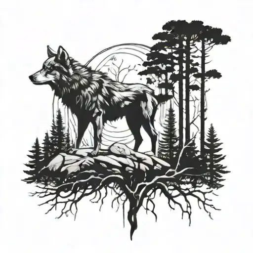 A mystical scene of a wolf and crow standing together in a dark forest, surrounded by trees and shadows tattoo design idea