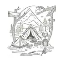 A sketch-style tattoo of a camping scene with a tent, campfire, and various outdoor tools like guns and knives scattered around tattoo design idea