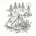 A sketch-style tattoo of a camping scene with a tent, campfire, and various outdoor tools like guns and knives scattered around tattoo design idea