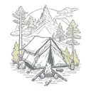 A sketch-style tattoo of a camping scene with a tent, campfire, and various outdoor tools like guns and knives scattered around tattoo design idea