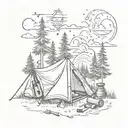 A sketch-style tattoo of a camping scene with a tent, campfire, and various outdoor tools like guns and knives scattered around tattoo design idea