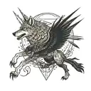 A dynamic composition of a wolf and crow in a fierce battle, set against a backdrop of a moonlit forest with hidden knives and guns scattered throughout tattoo design idea