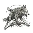 A dynamic composition of a wolf and crow in a fierce battle, set against a backdrop of a moonlit forest with hidden knives and guns scattered throughout tattoo design idea