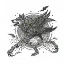 A dynamic composition of a wolf and crow in a fierce battle, set against a backdrop of a moonlit forest with hidden knives and guns scattered throughout tattoo design idea