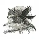 A dynamic composition of a wolf and crow in a fierce battle, set against a backdrop of a moonlit forest with hidden knives and guns scattered throughout tattoo design idea