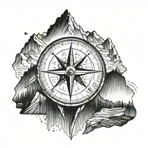 A detailed mountain range with a hidden image of a compass integrated into the design tattoo design idea