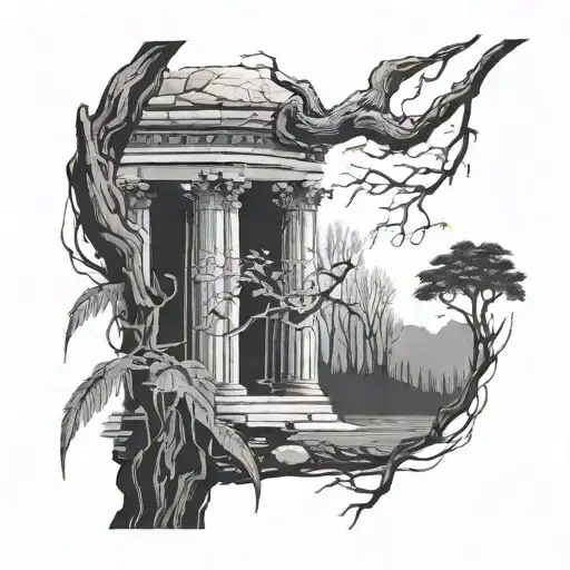A ruined column, and beside it stands a weeping willow tree tattoo design idea