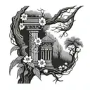 A ruined column overgrown with uveda flowers, and a weeping willow tree stands beside it tattoo design idea