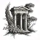 A ruined column overgrown with uveda flowers, and a weeping willow tree stands beside it tattoo design idea
