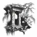 A ruined column overgrown with uveda flowers, and a weeping willow tree stands beside it tattoo design idea