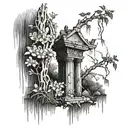 A ruined column overgrown with uveda flowers, and a weeping willow tree stands beside it tattoo design idea