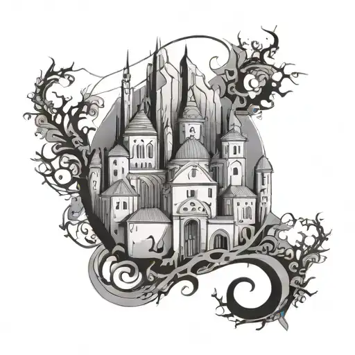Design a tattoo that combines elements of Monastery Ostrog with a modern twist, like geometric patterns or abstract shapes tattoo design idea