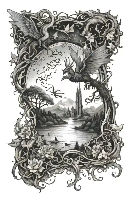 A tattoo of a mystical realm with fairies and magical creatures from the sky with dragons to the witchy dark underworld  tattoo design idea