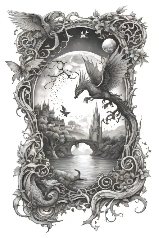 A tattoo of a mystical realm with fairies and magical creatures from the sky with dragons to the witchy dark underworld  tattoo design idea
