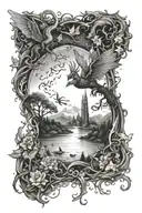A tattoo of a mystical realm with fairies and magical creatures from the sky with dragons to the witchy dark underworld  tattoo design idea