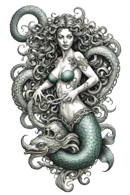 mermaid medusa being attacked by octopus tattoo design idea