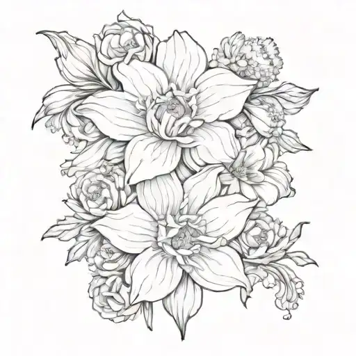 A black and white floral sleeve featuring narcissus, Chrysanthemum, poppy, daffodil, violet, and forget me not flowers  tattoo design idea