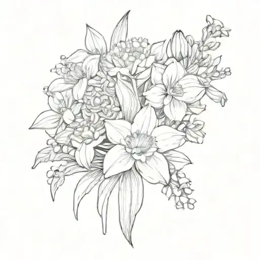 A bouquet featuring narcissus, Chrysanthemum, poppy, daffodil, violet, and forget me not flowers  tattoo design idea
