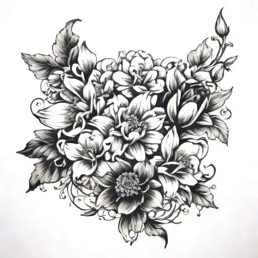 A black and white floral sleeve featuring narcissus, Chrysanthemum, poppy, daffodil, violet, and forget me not flowers intertwined tattoo design idea