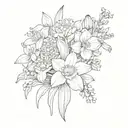 A bouquet featuring narcissus, Chrysanthemum, poppy, daffodil, violet, and forget me not flowers  tattoo design idea